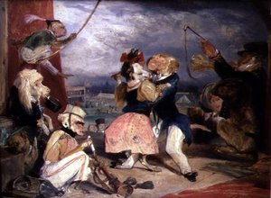 West End Fair: Monkeys and Dogs Performing on a Stage (olie på panel) af Edwin Landseer