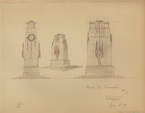 Skitse nr. 1 til Cenotaph, Whitehall, Westminster, London (farve litho) af Edwin Landseer Lutyens