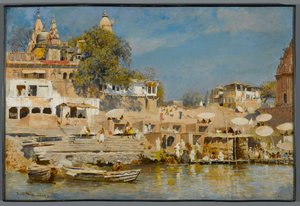 Templer og badeghat ved Benares, 1883-85 af Edwin Lord Weeks