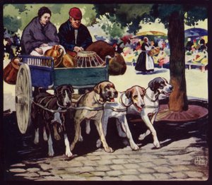 En fransk hundevogn (farve litho)