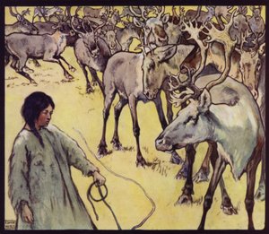En lappepige med rensdyrflok (farve litho)