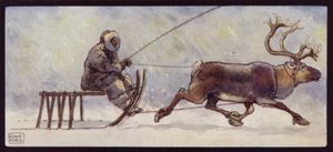 En lappe- og rensdyrslæde (farve litho)