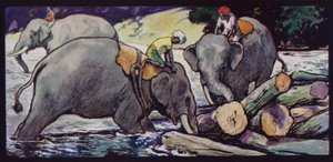 Elefanter håndterer træstammer i floden (farve litho) af Edwin Noble