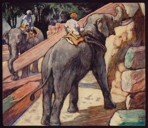 Elefanter hober sig teak (farve litho) af Edwin Noble