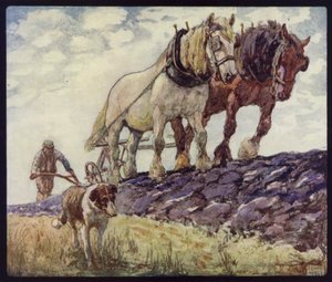 Engelske vogn-heste pløjning (farve litho)