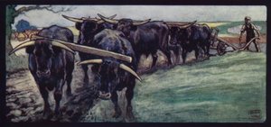 Okser pløjer på Sussex Downs (farve litho)