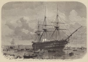 HMS Agamemnon, 91 kanoner, sender den engelske del af det atlantiske ubådskabel ved East Greenwich