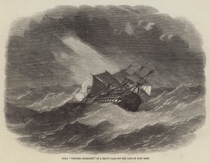 HMS Prinsesse Charlotte i en kraftig kuling ud for Kap det Gode Håb