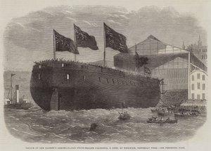Lancering af Hendes Majestæts panserbelagte skruefregat Caledonia, 31 kanoner, i Woolwich, i går uge af Edwin Weedon