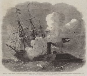 Borgerkrigen i Amerika, flådeengagement i Hampton Roads, det konfødererede jernbelagte dampskib Merrimac (eller Virginia), der løber ind i Federal Sloop Cumberland