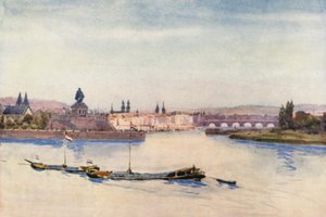 Rhinen: Sammenløbet af Rhinen og Mosel (farvelitografi)