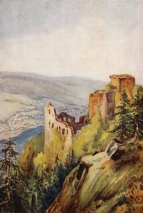 Rhinen: Det gamle slot, Baden-Baden (farvelitografi)