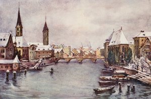 Rhinen: Floden ved Zürich, vinter (farvelitografi) af Effie Jardine