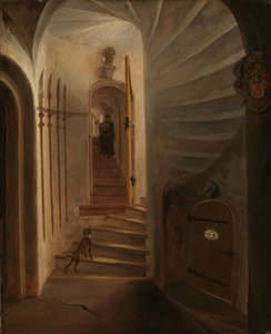 Portal af et trappetårn, med en mand, der går ned ad trappen: formentlig øjeblikket før mordet på Vilhelm den Tavse i Prinsenhof, Delft af Egbert Lievensz. van der Poel (attributed to)