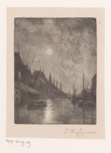 Udsigt over floden i en by om natten af Egide François Leemans (signed by artist)