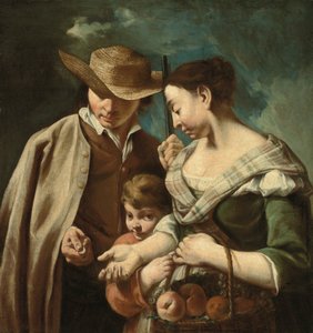 En frugtsælger og en ung dreng med en kurv med ferskner, pærer og vindruer i et landskab med en mand, der holder en pistol og en mønt, ca. 1705-84 (olie på lærred) af Egidio (attr.to) Dall