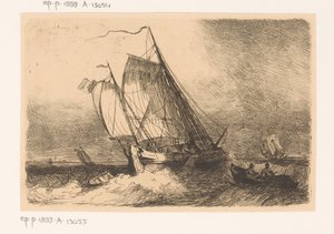 Sejlskibe og en robåd på et oprørt hav af Egidius Linnig