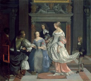 Et interiør med damer og herrer, der spiller kort, midten af 1660
