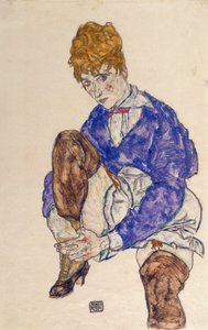 Portræt af kunstnernes kone siddende og holder sit højre ben af Egon Schiele