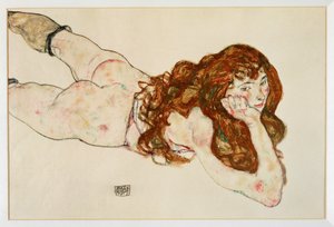 Nøgen kvinde liggende på maven - Nøgen på sin ... (gouache og sort farveblyant) af Egon Schiele