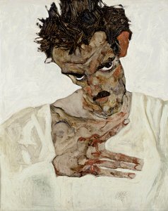 Selvportræt med sænket hoved. Maleri af Egon Schiele (1890-1918), olie på træ af Egon Schiele