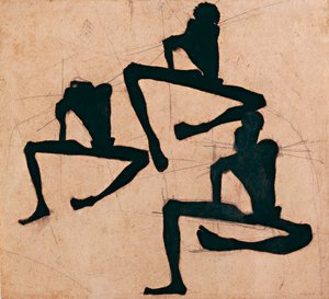 Komposition med tre nøgne mænd - Komposition med tre mandlige nøgenbilleder - Af Egon Schiele (1890-1918), Blæk på papir af Egon Schiele