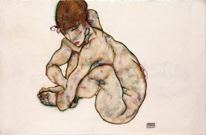 Krøjende nøgen pige - Schiele, Egon (1890-1918) - 1914 - Sort kridt, Gouache på papir - 31,5x48,2 - Leopold Museum, Wien af Egon Schiele