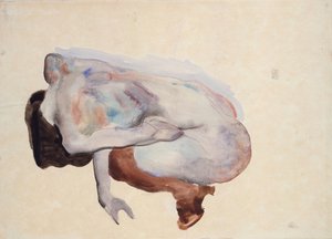 Krøjende nøgen i sko og sorte strømper, set bagfra, 1912 (wc, gouache og grafit på papir) af Egon Schiele