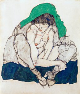 Krøjende kvinde med grønt tørklæde - Schiele, Egon (1890-1918) - 1914 - Sort kridt, Gouache på papir - 47x31 - Leopold Museum, Wien af Egon Schiele