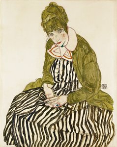 Edith Schiele i stribet kjole, siddende. Værk af Egon Schiele (1890-1918), blyant og gouache på papir af Egon Schiele