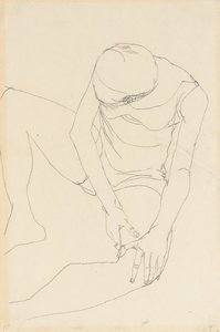 Nøgen kvinde bøjet frem, begge hænder på venstre lår, 1913 af Egon Schiele