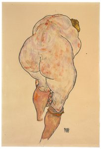 Nøgen kvinde trækker strømper op, set bagfra, 1918