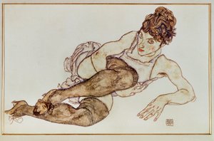 Kvinde med brune strømper - Kvinde ... (gouache og sort farveblyant) af Egon Schiele
