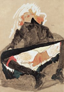 Pige i sort kjole med spredte ben, 1910 af Egon Schiele