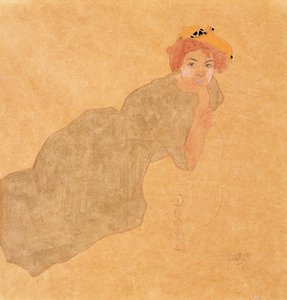 Pige i olivenfarvet kjole med støttet arm, 1908 af Egon Schiele