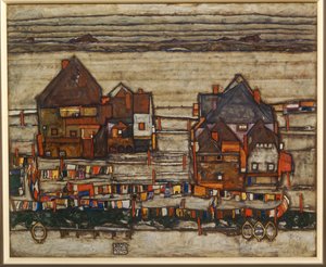 Huse og farverigt vasketøj, forstad, også to blokke af huse med vaskelinjer ... af Egon Schiele