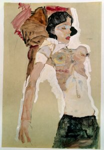 Halvnøgen kvinde. Tegning af Egon Schiele (1890-1918), 1911 Blyant og akvarel på papir. Mål: 45,9 x 31,1 cm. Wien, Graphische Sammlung Albertina