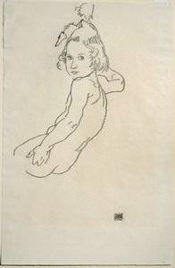 Kinderakt (sort kridt på papir) af Egon Schiele