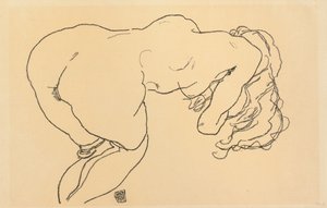 Langhåret nøgen, fremadlænet, set bagfra; Langhaariger Akt, vornubergebeugt, Ruckenansicht, 1918