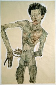 Mandlig nøgen (selvportræt). Tegning af Egon Schiele (1890-1918), 1910. Blyant, akvarel og tempera på papir. Dim: 55,7x36,8cm. Wien, Graphische Sammlung Albertina