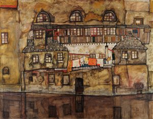 Mur af huse ved floden - Maleri af Egon Schiele (1890-1918), olie på lærred af Egon Schiele