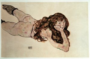 Nøgen feminin med flad mave. Tegning af Egon Schiele