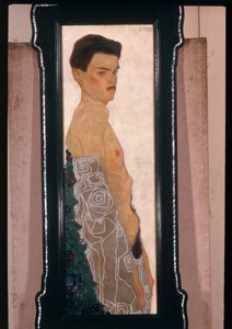 Nøgen selvportræt med ornamentalt draperi ... (olie- og metalmaling) af Egon Schiele