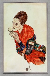 Portræt af skuespillerinden Marga Boerner med pudderdåse ... (gouache og sort farveblyant) af Egon Schiele