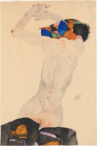 Rückenakt mit buntem Tuch Nude bagfra med en farvet klud, 1911. af Egon Schiele
