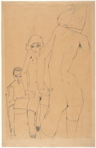Schiele med nøgenmodel før spejlet, 1910