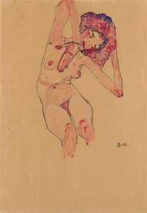 Siddende nøgen kvinde med bøjet hoved og løftede arme; Siddende nøgen med bøjet hoved og løftede arme, 1910