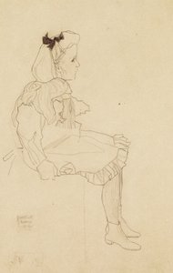 Siddende pige med sløjfe i håret, 1909 af Egon Schiele