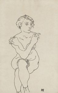 Siddende kvindelig nøgen, arme og ben i kors, 1918