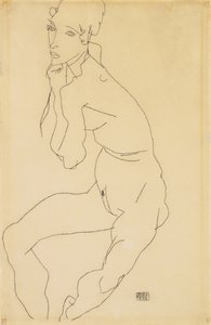 Siddende nøgen kvinde med hånd på hagen, 1914 af Egon Schiele